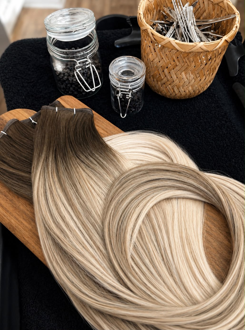 Custom-matched hair extension wefts and micro-ring beads laid out on a wooden board at Malibu Hair UK Exeter
